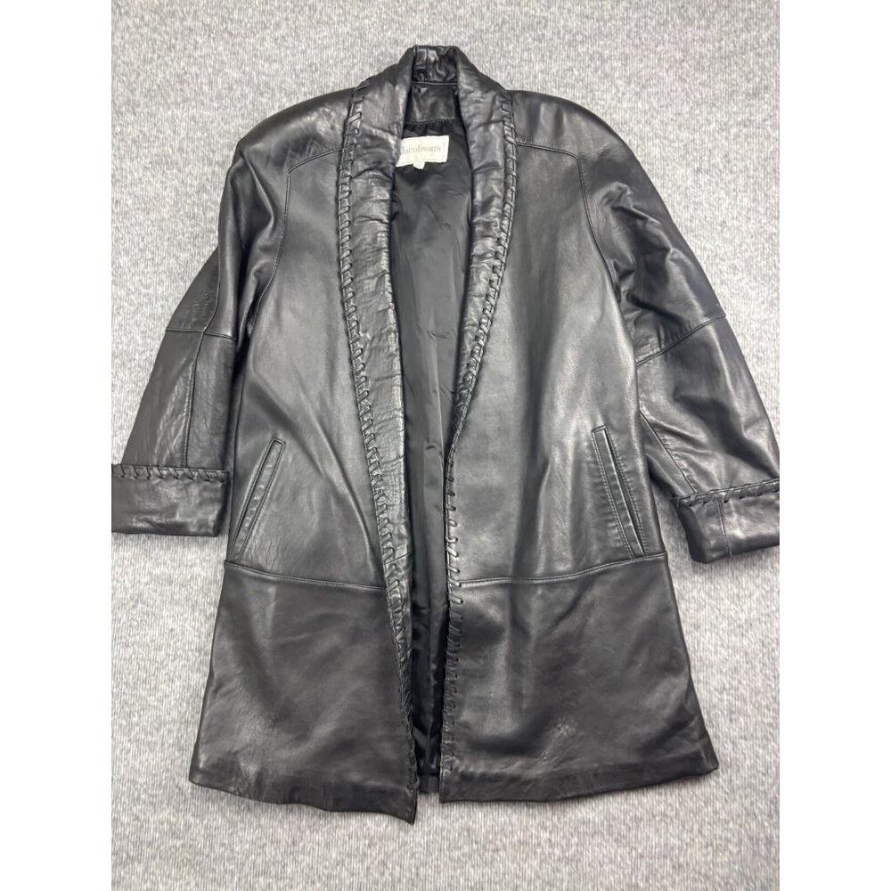 Vintage Jacobson's Leather Jacket Women's XS Black Braided Trim Long Pockets